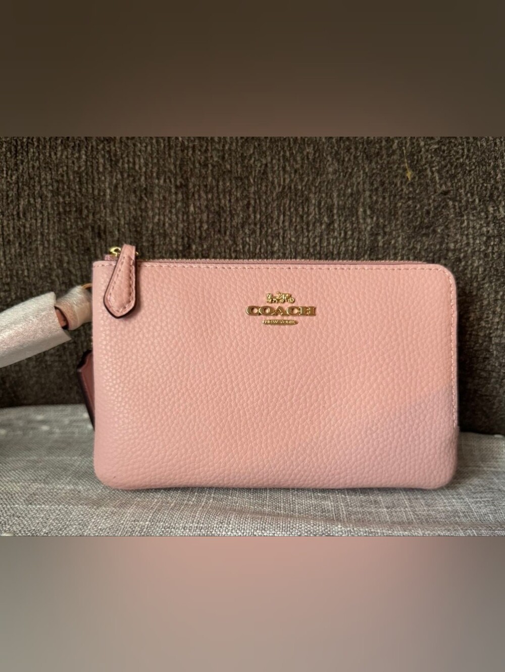 Coach Double Zip Pebbled Leather Wristlet with Gold Hardware. New & Authentic